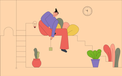 少女爬梯高处逗猫矢量插画