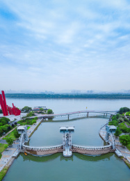 航拍江苏省南京市滨江风光带三汊河水闸风光