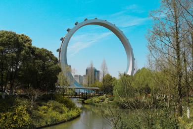 中国江苏省常州市紫荆公园里蓝天下的无辐式摩天轮远景