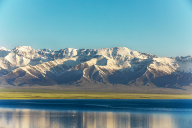 中国新疆赛里木湖上早晨的雪山和草地