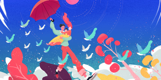 巨大的父亲举着雨伞抱着妻子儿子在空中漫步（扁平风格插画）