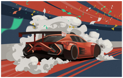 赛道终点上的橘色跑车氛围矢量插画