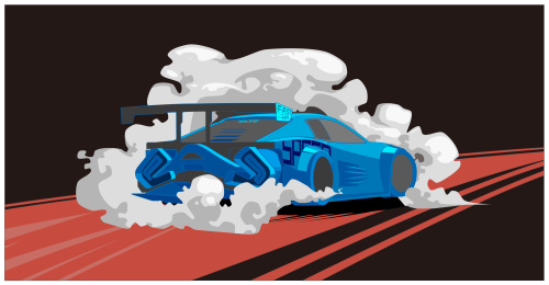 烟雾中的跑车在赛道上飞驰矢量插画