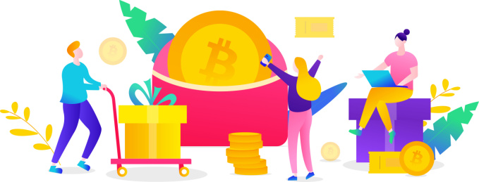 比特币理财增值男女邀请好友抢红包获取奖励矢量扁平人物插画