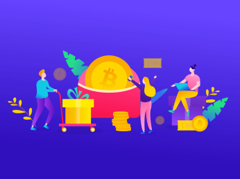 比特币理财增值男女邀请好友抢红包获取奖励矢量扁平人物插画