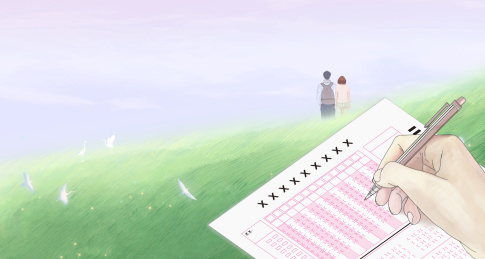 高考的考试中正在答题卡上填写答案的手，考生牵手在绿色山坡上许下理想志愿插画背景海报