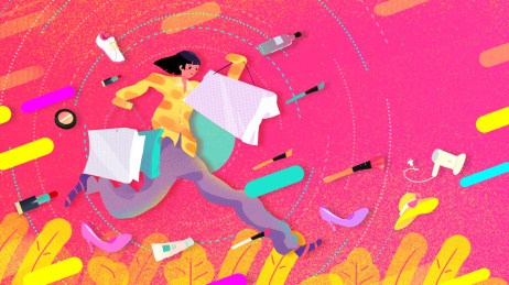 疯狂购物拿着大包小包的奔跑的女孩（扁平噪点插画）