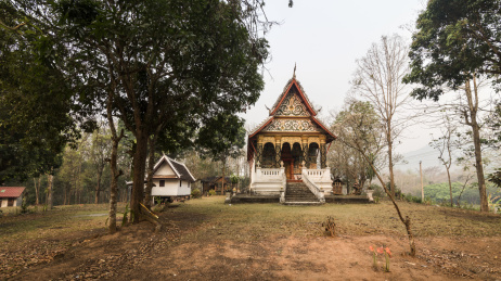清晨薄雾中老挝琅勃拉邦乡村的寺庙