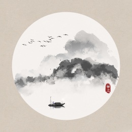 手绘中国风水墨意境山水风景