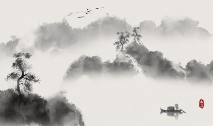 手绘中国风水墨意境山水风景