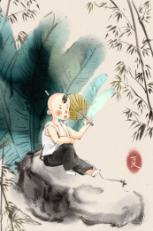 中国水墨风格夏天男孩芭蕉树下休息插画