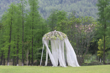 一小片针叶林前一个婚纱摄影用的凉亭及草坪，中国福建龙岩江山