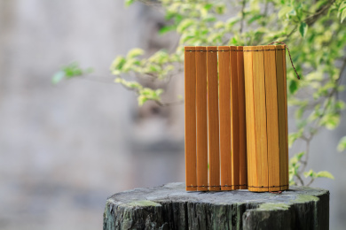 户外放在树下木桩上的古香古色的竹简