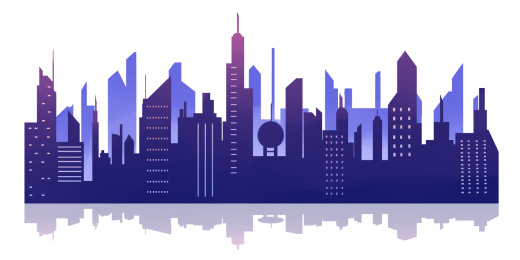 卡通手绘蓝色城市剪影插画