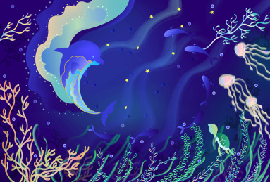 深蓝色梦幻唯美卡通海洋背景插画
