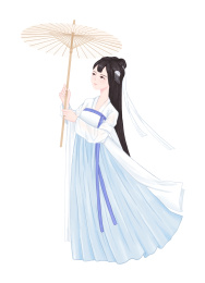 手绘插画 穿着汉服的长发少女举着纸伞