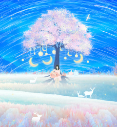 夜晚星空下一棵樱花树挂着月亮的装饰品，少女坐在树下弹吉他，草地上的鹿和小鸟在围观嬉戏插画背景海报