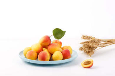 摆在桌上的一蓝盘新鲜水果——杏