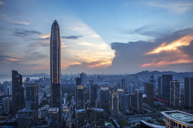 粤港澳大湾区,中国深圳城市天际线建筑群高楼大厦傍晚风光