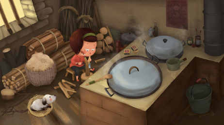 童年女孩厨房烧火砍柴灶台煮饭插画