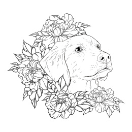 狗狗与花朵 黑白插画线条艺术