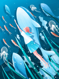 大海与鲸鱼清新治愈蓝色系插画