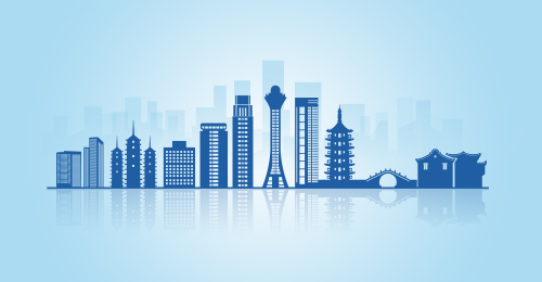 中国浙江省嘉兴市地标建筑剪影