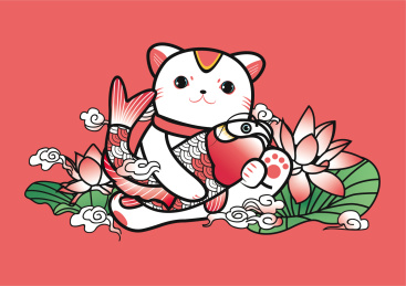   矢量卡通装饰画图案年年有余猫