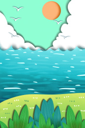 小清新剪纸风格蓝色河岸边风景插画背景