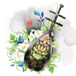 水彩风格中国古典琵琶花卉插画