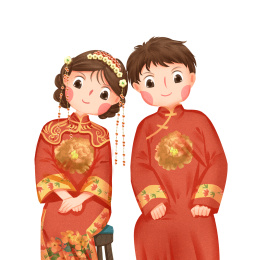小清新风格大红色中式婚礼插画人物元素