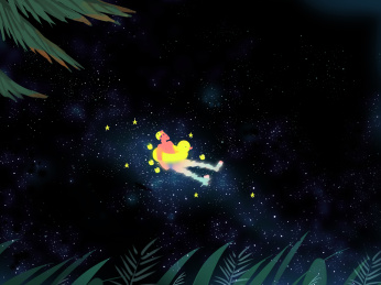 夏天夜晚抱着小黄鸭救生圈的男孩浮在倒影着星空的水面（插画）