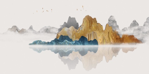 手绘中国风意境金色抽象山水风景画