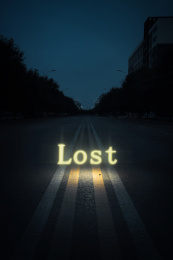 深夜之中,迷失与迷路的文字LOST照亮道路,远处还有依稀的求救信号