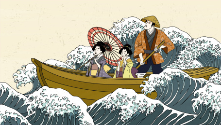 浮世绘风格大浪中航行的旅人