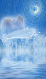 星空下一条蓝鲸悬浮在茂盛森林里半空中，鱼虾在身侧穿行，河流在下方流淌超现实插画背景海报