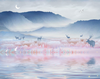 雪山下梅花鹿在湖边休息喝水，在仙境般风景中嬉戏中国风插画背景海报