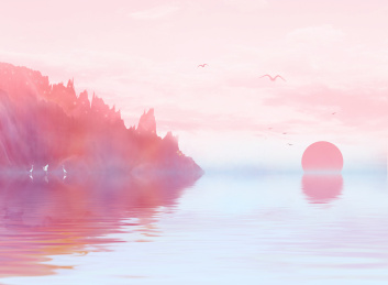 早晨太阳从天空升起，光茫照耀着整个海面，海鸥在远方飞翔插画背景海报