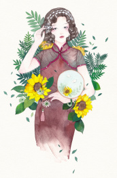穿旗袍的女人拿着扇子身边开了几朵向日葵,水彩插画