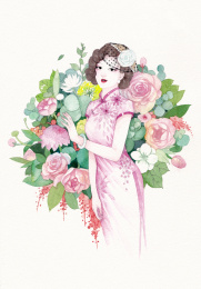 穿旗袍的女人拿着扇子身边开了几朵向日葵,水彩插画