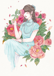 穿旗袍的女人拿着扇子身边开了几朵向日葵,水彩插画