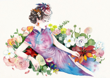 穿旗袍的女人拿着扇子身边开了几朵向日葵,水彩插画