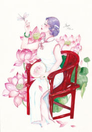 穿旗袍的女人拿着扇子身边开了几朵向日葵,水彩插画