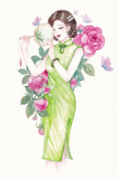 穿旗袍的女人拿着扇子遮面站在玫瑰花里,水彩插画