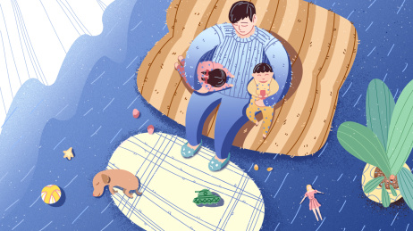 两个孩子躺在父亲腿上休息