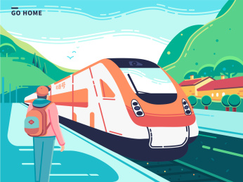 远方游子坐动车归乡 路过美丽的风景站台