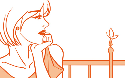 以手托腮的短发女人望向一旁 手绘风格线条插画