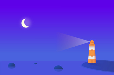 蓝色的夜空下海平面上的灯塔