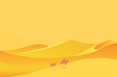 沙漠上一个人骑着骆驼在前行扁平矢量插画