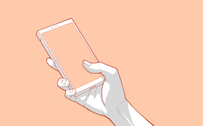 一只拿着智能手机的手 单色线条插画